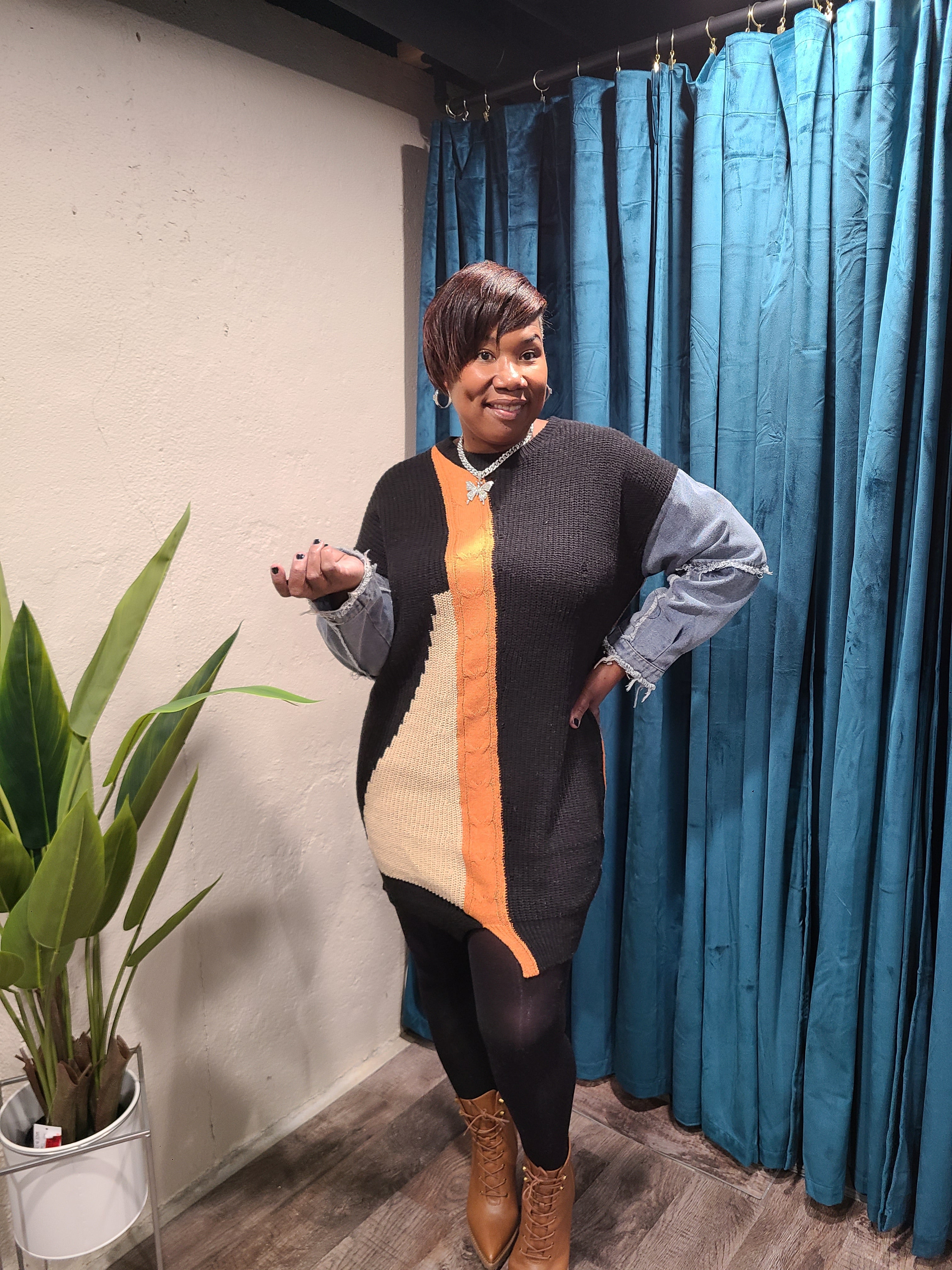 Colorblock Denim Sweater Dress