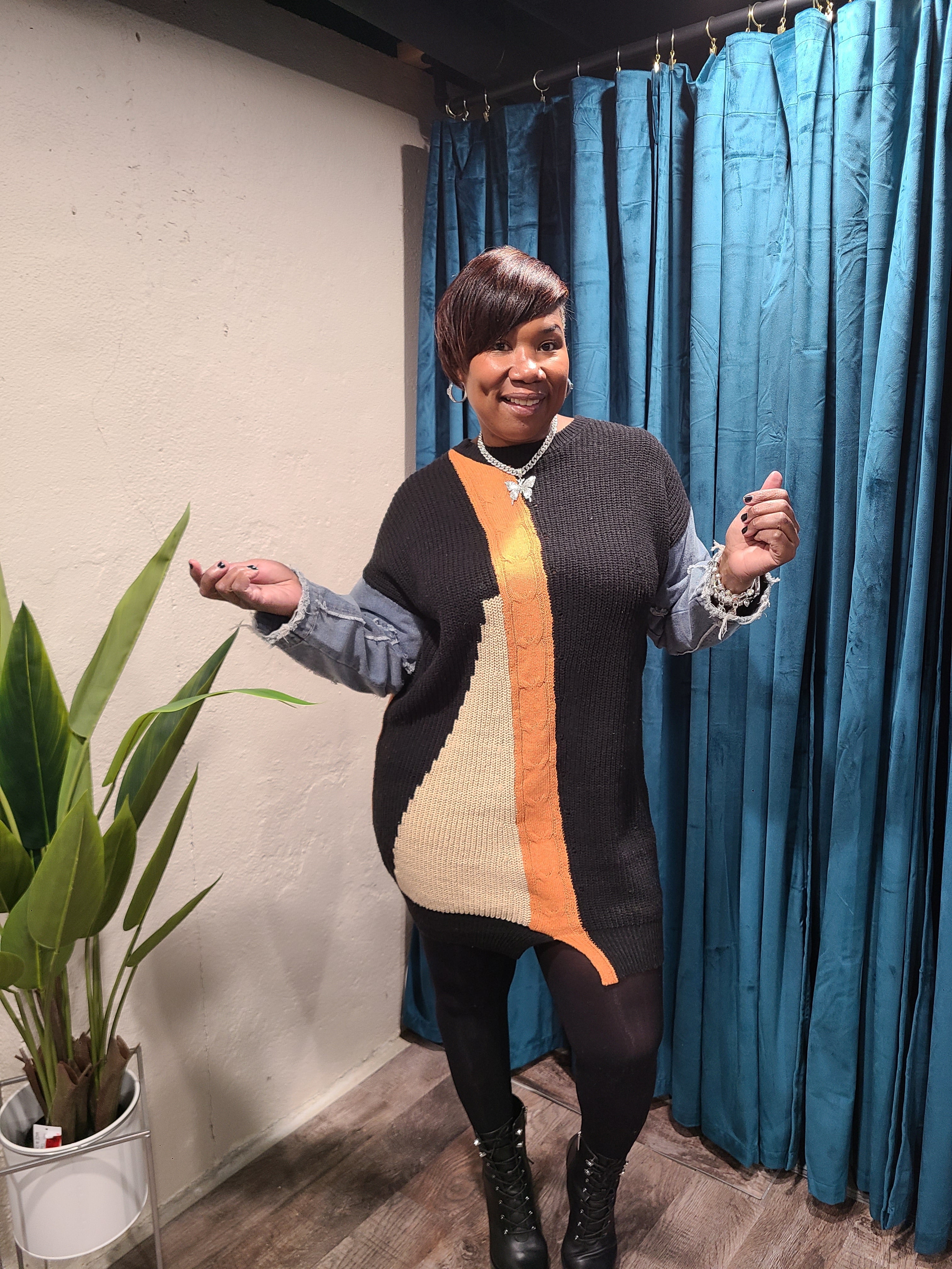 Colorblock Denim Sweater Dress