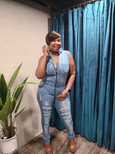 Sleevless Distressed Denim Jumpsuit