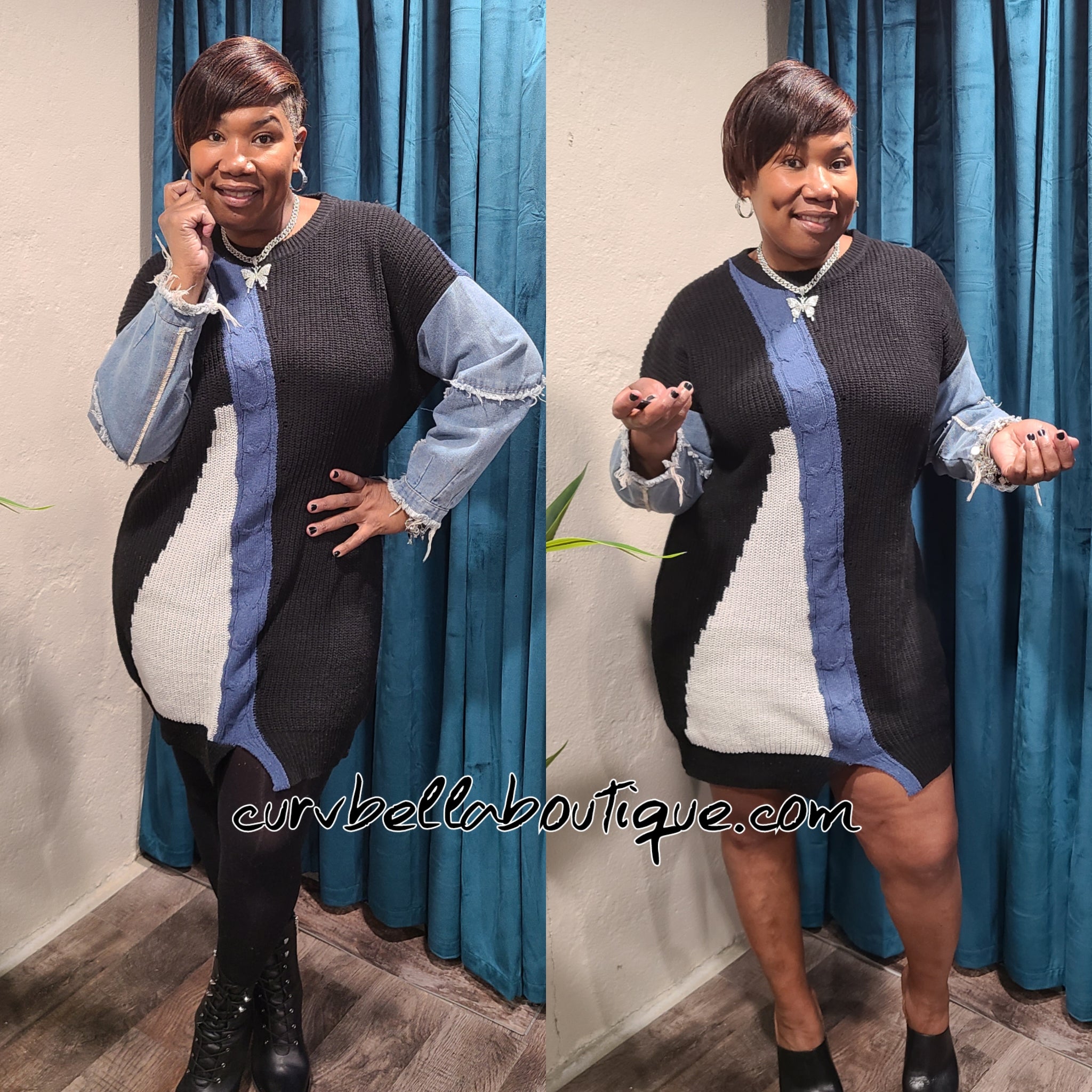 Colorblock Denim Sweater Dress