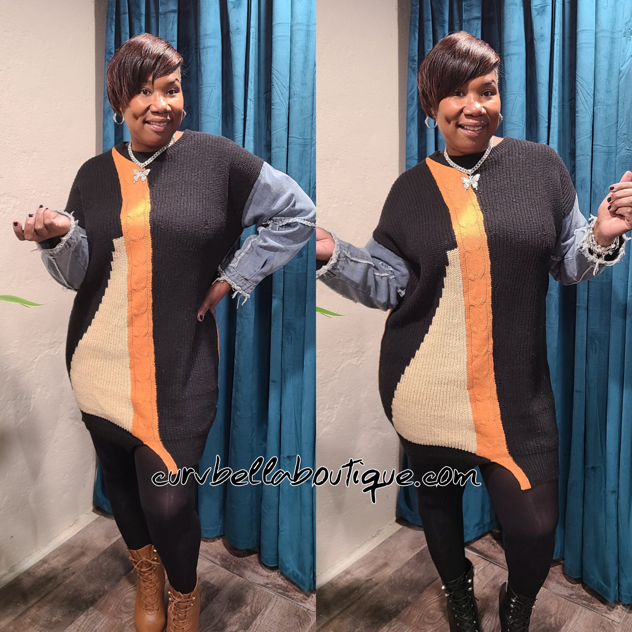 Colorblock Denim Sweater Dress