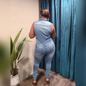 Sleevless Distressed Denim Jumpsuit