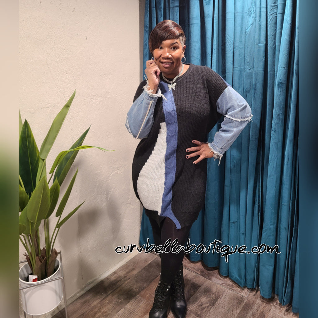 Colorblock Denim Sweater Dress